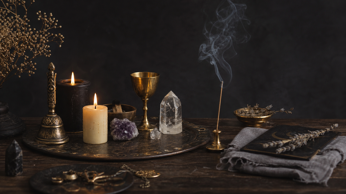 A candlelit beginner altar with candles, crystals, incense, a brass bell, and a gold chalice