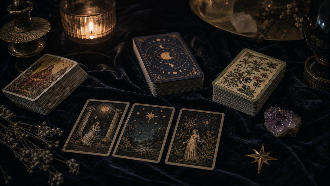 Tarot decks and a three-card spread on dark velvet with candlelight and gold celestial accents