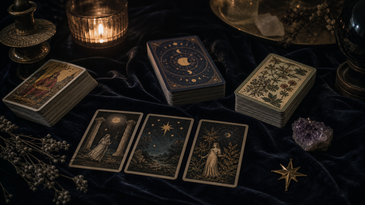 Tarot decks and a three-card spread on dark velvet with candlelight and gold celestial accents