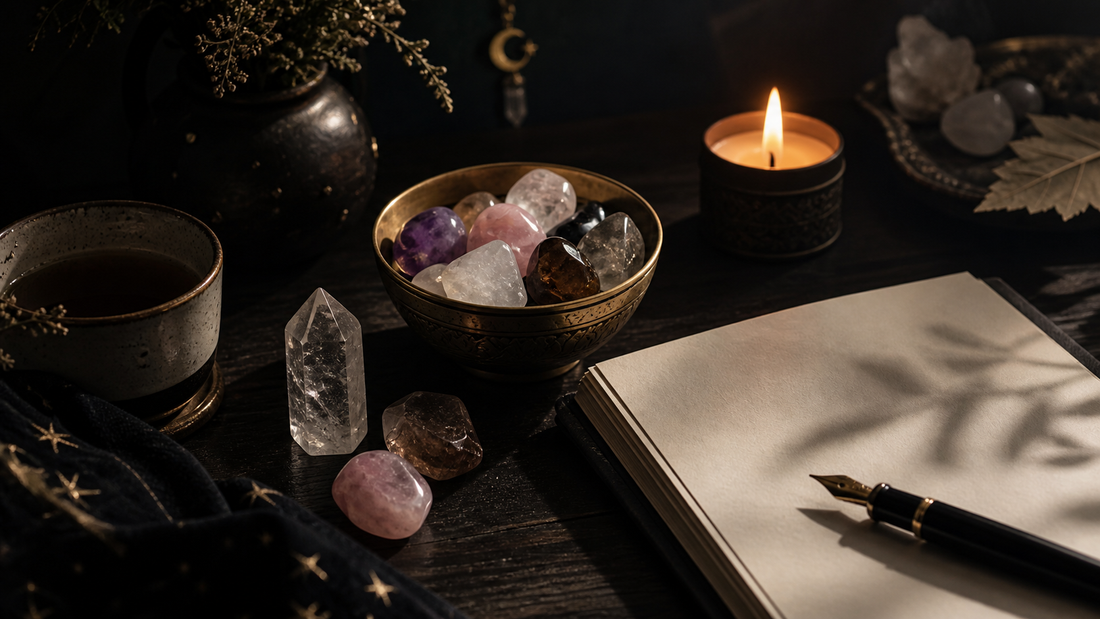 A quiet journaling desk with a bowl of crystals, candle, tea, and a blank journal