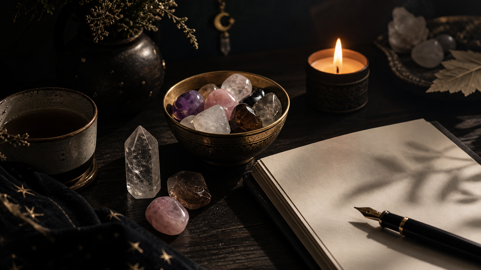 A quiet journaling desk with a bowl of crystals, candle, tea, and a blank journal
