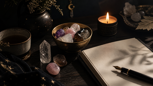 A quiet journaling desk with a bowl of crystals, candle, tea, and a blank journal