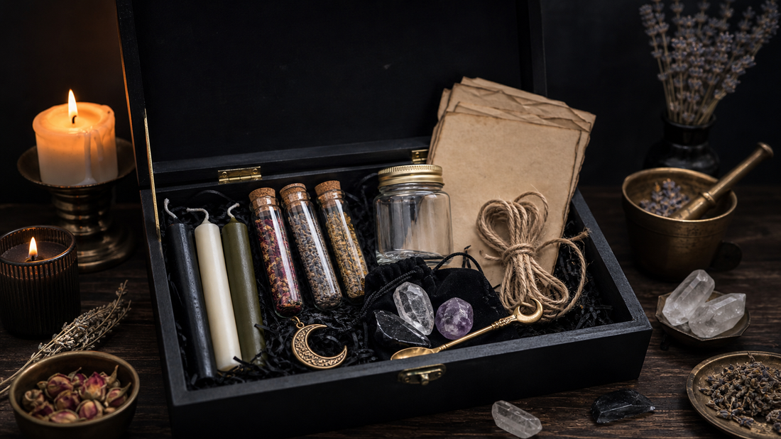 An open ritual kit with candles, herbs, crystals, parchment, jars, and small altar tools