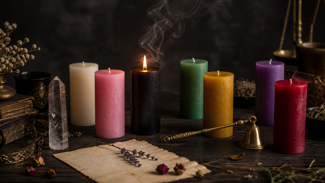 Colored ritual candles, herbs, crystals, and a brass snuffer arranged for intention setting