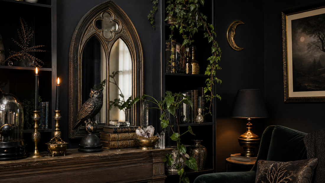 An elegant witchy home shelf with gothic mirror, candles, books, greenery, and a sculptural bird accent