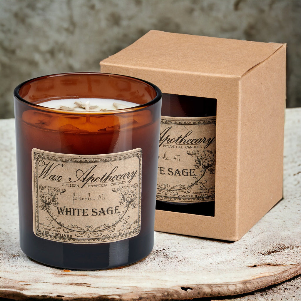 White Sage Botanical Candle - 9 oz Artisan Amber Glass