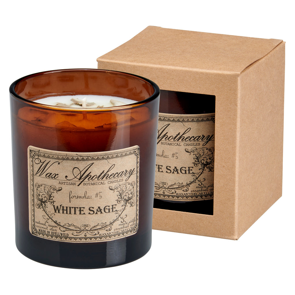 White Sage Botanical Candle - 9 oz Artisan Amber Glass