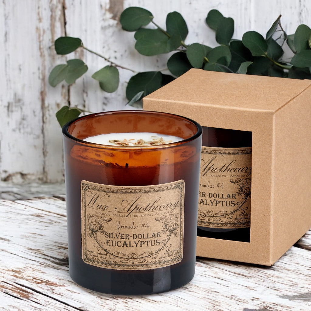 Silver-Dollar Eucalyptus Botanical Candle - 9 oz Artisan Amber Glass