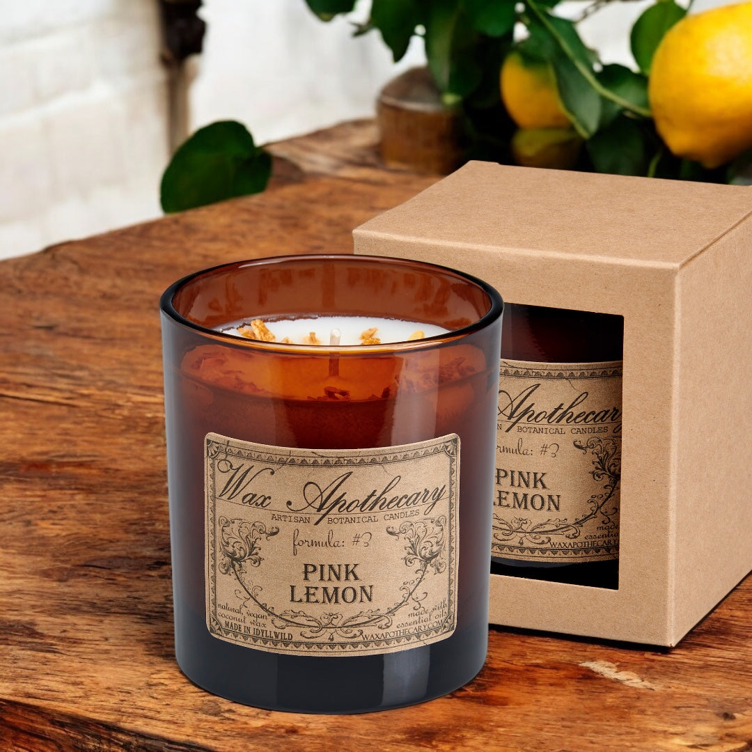 Pink Lemon Botanical Candle - 9 oz Artisan Amber Glass