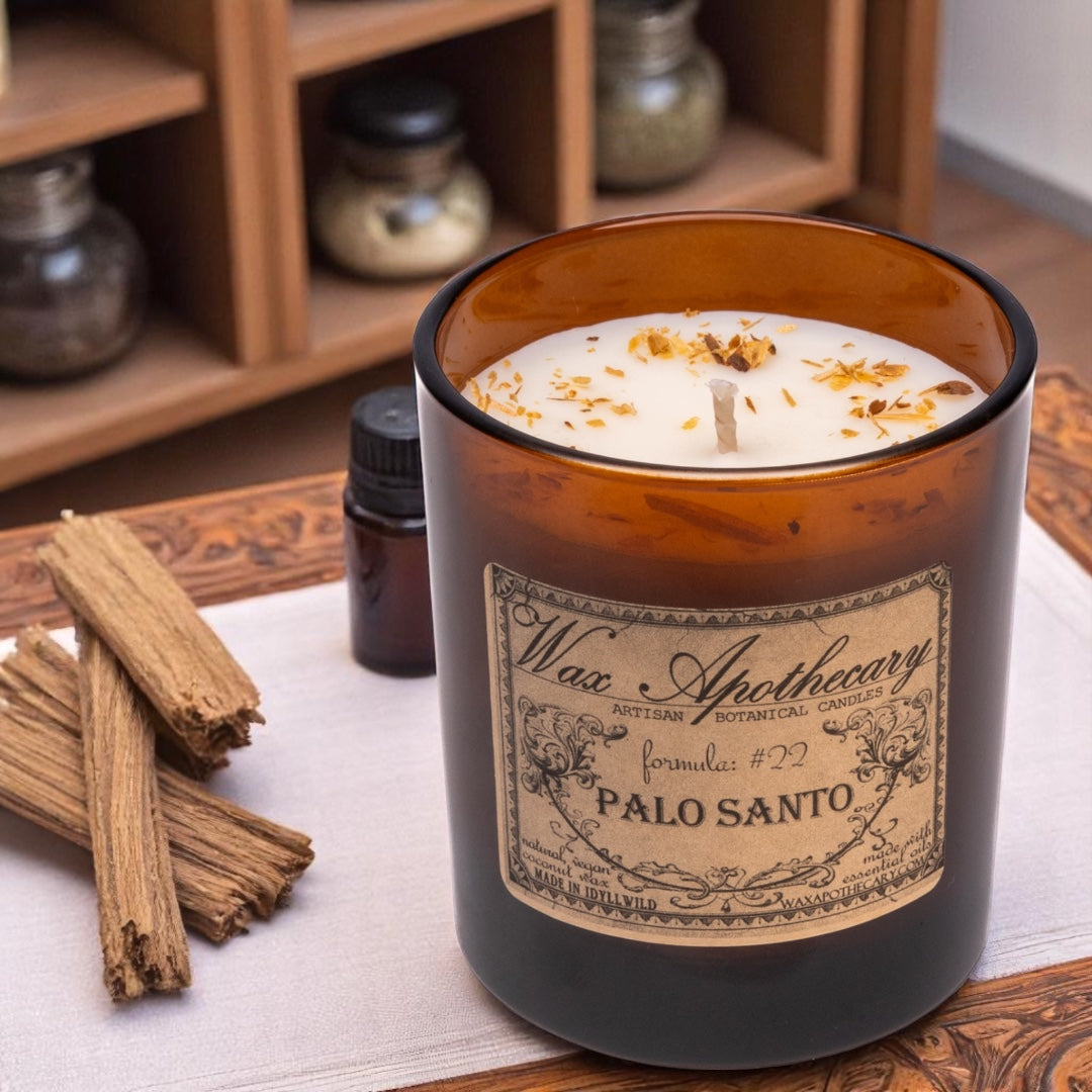 Palo Santo Botanical Candle - 9 oz Artisan Amber Glass