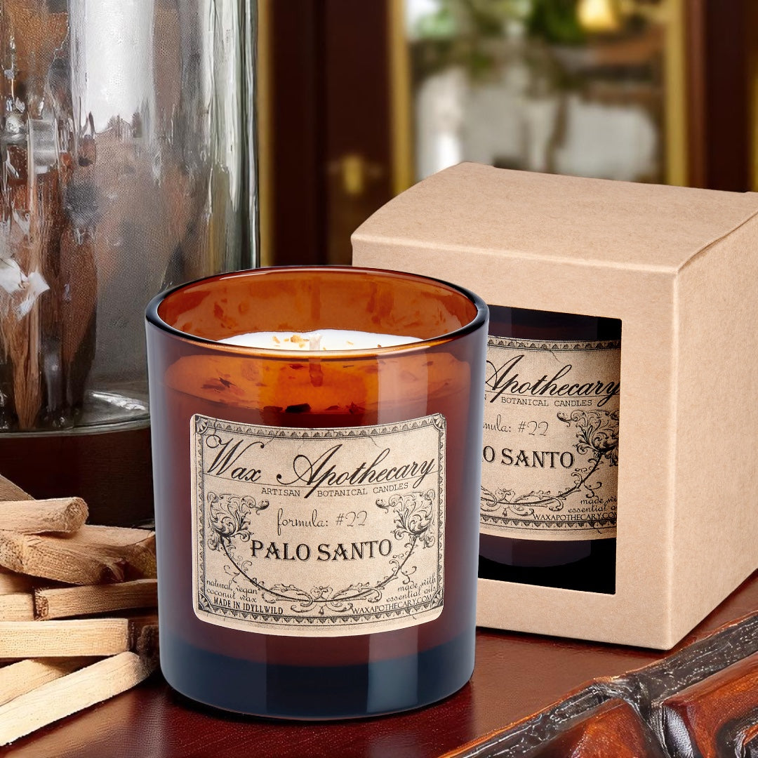 Palo Santo Botanical Candle - 9 oz Artisan Amber Glass