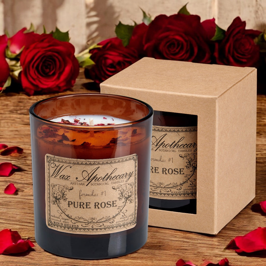 Pure Rose Botanical Candle - 9 oz Artisan Amber Glass