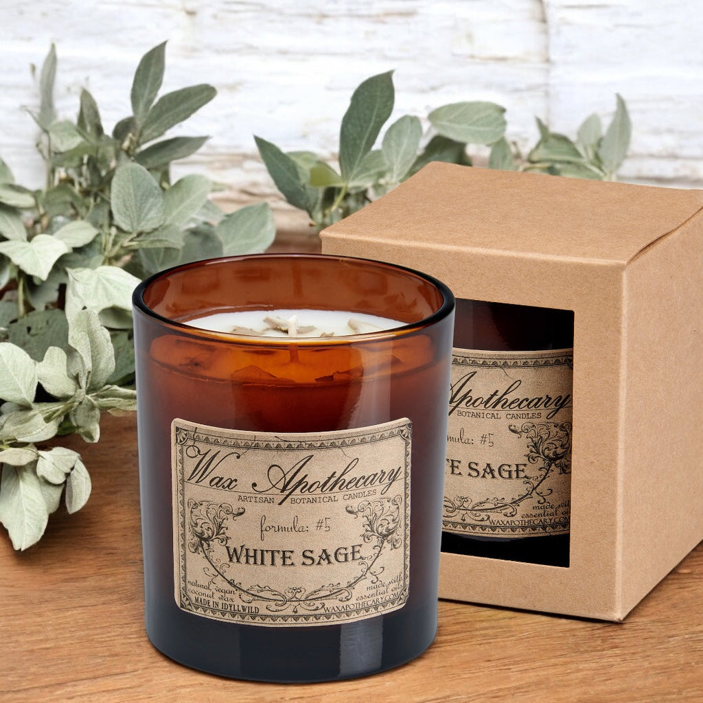 White Sage Botanical Candle - 9 oz Artisan Amber Glass