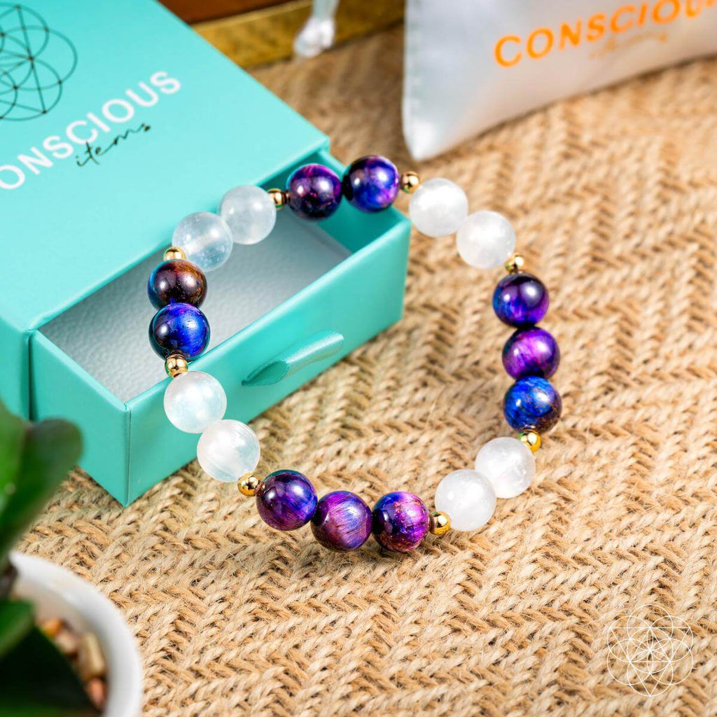 Galaxy Tiger's Eye & Selenite Bracelet - Cosmic Amplifier